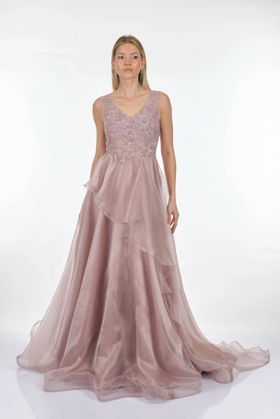 Tiara Abiye Elbise - V Yaka Nakış Detaylı Midi Boy - Resim 2