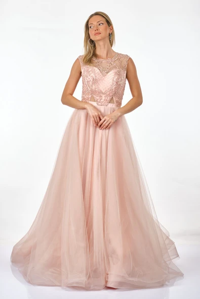 Tiara Abiye Elbise - Maxi, Kapalı Yaka, Tül Detaylı, Özel Gün - Resim 3