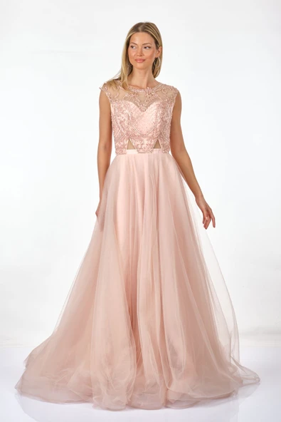 Tiara Abiye Elbise - Maxi, Kapalı Yaka, Tül Detaylı, Özel Gün - Resim 5