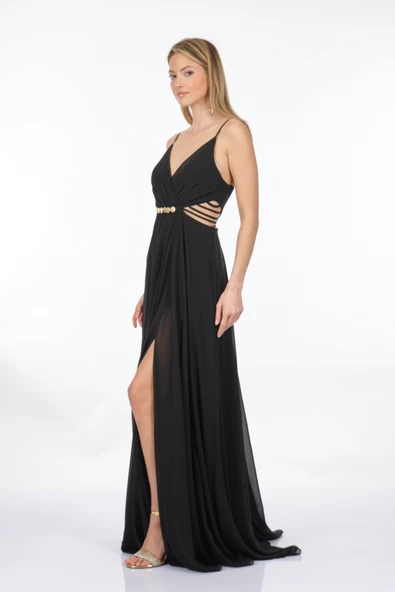 DORİDORCA Kruvaze Yaka İp Askılı Dekolte Detaylı Şifon Maxi Boy Kadın Abiye 231KB5025 - Resim 11