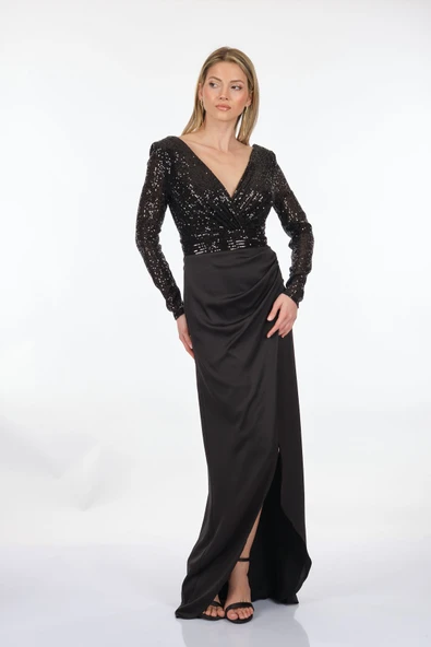 DORİDORCA Kruvaze Yaka Uzun Kollu Önden Yırtmaçlı Payetli Maxi Boy Kadın Abiye 231KB5033 - Resim 4