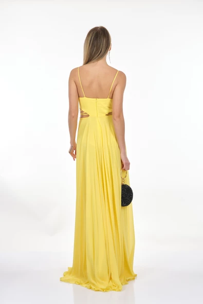 DORİDORCA Kruvaze Yaka İp Askılı Dekolte Detaylı Şifon Maxi Boy Kadın Abiye 231KB5025 - Resim 9