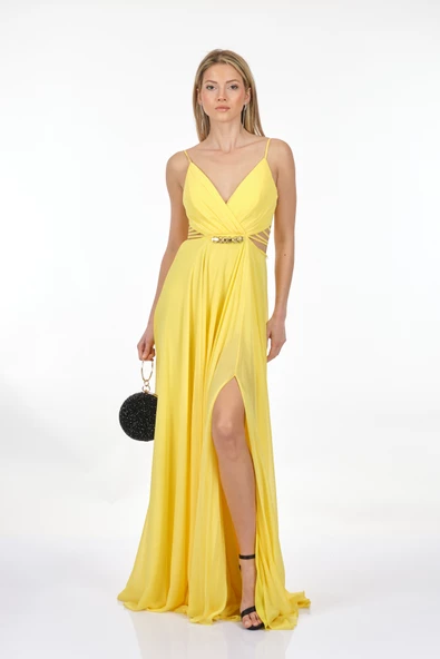 DORİDORCA Kruvaze Yaka İp Askılı Dekolte Detaylı Şifon Maxi Boy Kadın Abiye 231KB5025 - Resim 7