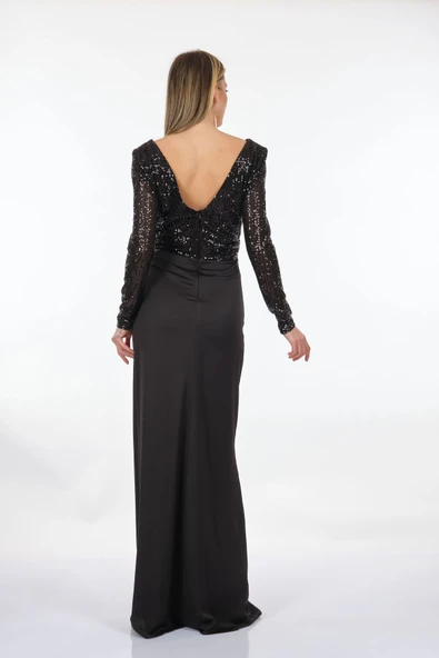 DORİDORCA Kruvaze Yaka Uzun Kollu Önden Yırtmaçlı Payetli Maxi Boy Kadın Abiye 231KB5033 - Resim 7