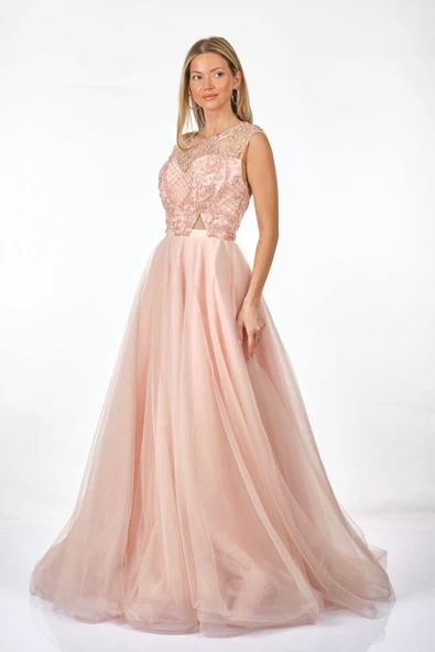 Tiara Abiye Elbise - Maxi, Kapalı Yaka, Tül Detaylı, Özel Gün - Resim 6