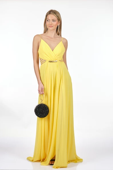 DORİDORCA Kruvaze Yaka İp Askılı Dekolte Detaylı Şifon Maxi Boy Kadın Abiye 231KB5025 - Resim 8