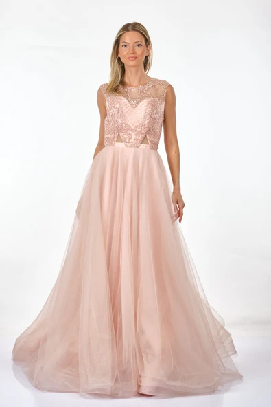 Tiara Abiye Elbise - Maxi, Kapalı Yaka, Tül Detaylı, Özel Gün - Resim 2