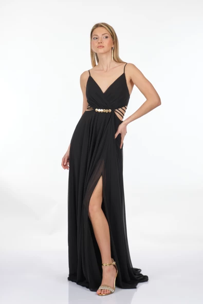 DORİDORCA Kruvaze Yaka İp Askılı Dekolte Detaylı Şifon Maxi Boy Kadın Abiye 231KB5025 - Resim 10