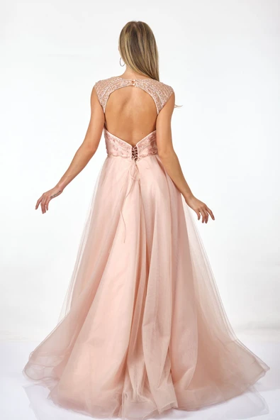 Tiara Abiye Elbise - Maxi, Kapalı Yaka, Tül Detaylı, Özel Gün - Resim 7