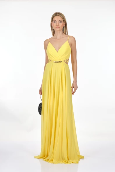 DORİDORCA Kruvaze Yaka İp Askılı Dekolte Detaylı Şifon Maxi Boy Kadın Abiye 231KB5025 - Resim 6