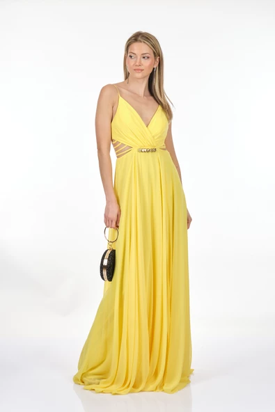 DORİDORCA Kruvaze Yaka İp Askılı Dekolte Detaylı Şifon Maxi Boy Kadın Abiye 231KB5025 - Resim 2