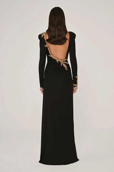 Alfa Beta Sırt Dekolteli İşlemeli Vatkalı Uzun Abiye Elbise - Resim 5