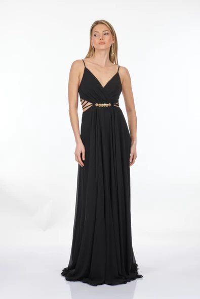 DORİDORCA Kruvaze Yaka İp Askılı Dekolte Detaylı Şifon Maxi Boy Kadın Abiye 231KB5025 - Resim 3