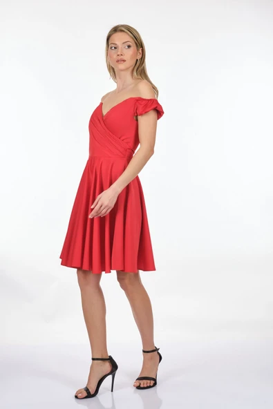 DORİDORCA Düşük Kol Kalp Yaka Saten Mini  Kadın Abiye 211KB2134 - Resim 3