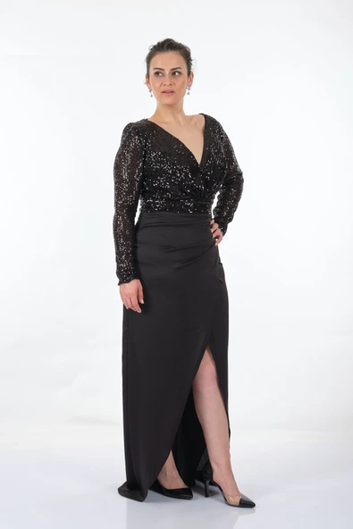 DORİDORCA Büyük Beden Kruvaze Yaka  Uzun Kollu Payetli Yırtmaçlı Kadın Abiye 231BB5033 - Resim 6