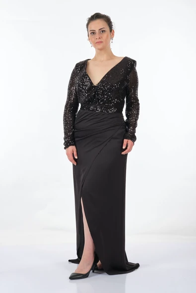 DORİDORCA Büyük Beden Kruvaze Yaka  Uzun Kollu Payetli Yırtmaçlı Kadın Abiye 231BB5033 - Resim 4