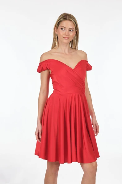 DORİDORCA Düşük Kol Kalp Yaka Saten Mini  Kadın Abiye 211KB2134 - Resim 4