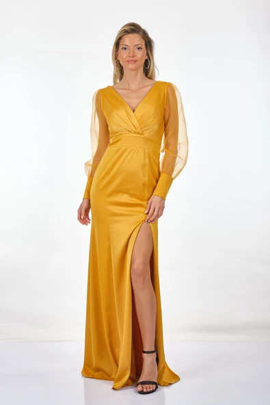 DORİDORCA Kruvaze Yaka Uzun Kollu Saten Yırtmaçlı Kadın Abiye 211KB3082 - Resim 2