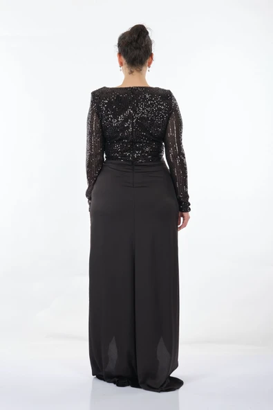 DORİDORCA Büyük Beden Kruvaze Yaka  Uzun Kollu Payetli Yırtmaçlı Kadın Abiye 231BB5033 - Resim 8