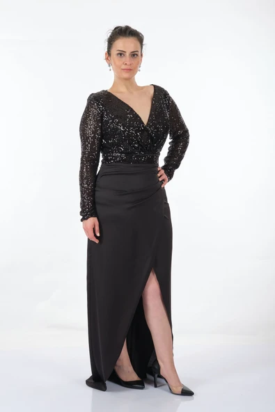 DORİDORCA Büyük Beden Kruvaze Yaka  Uzun Kollu Payetli Yırtmaçlı Kadın Abiye 231BB5033 - Resim 5