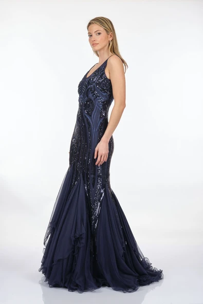 Ankyra Kadın V Yaka Balık Kesim Pullu Abiye Elbise 23Y1502 - 12