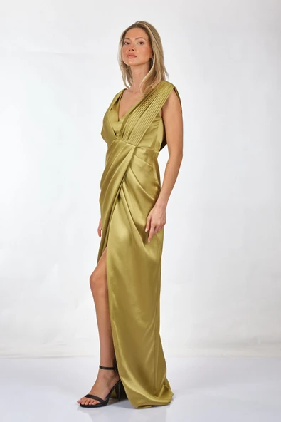 Tıah V Yaka Pileli Maxi Saten Abiye Elbise - Özel Günler İçin - 6