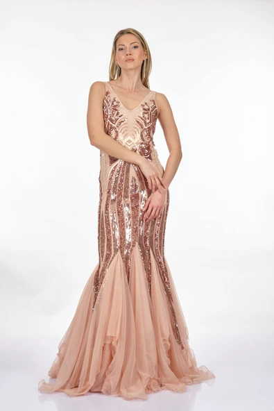 Ankyra Kadın V Yaka Balık Kesim Pullu Abiye Elbise 23Y1502 - 3