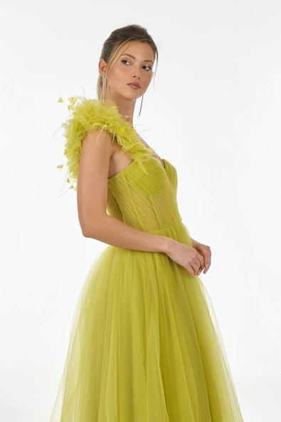 Alchera Tek Omuz Maxi Tül Abiye Elbise - Özel Günler İçin - 7