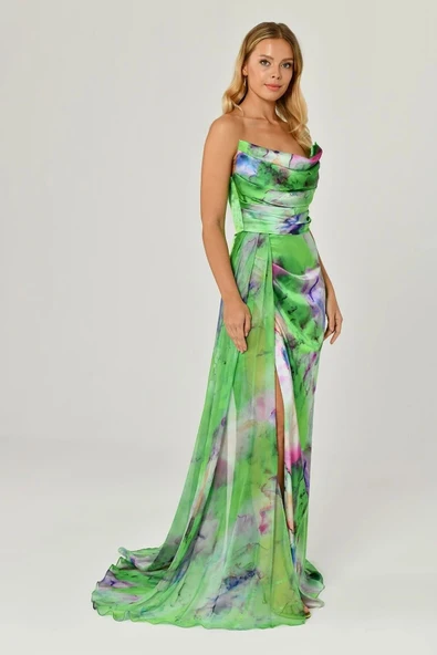 Alfa Beta Kayık Yaka Yırtmaçlı Desenli Saten Abiye Elbise - 4