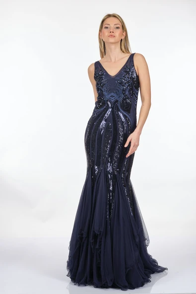 Ankyra Kadın V Yaka Balık Kesim Pullu Abiye Elbise 23Y1502 - 10