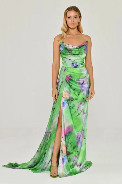 Alfa Beta Kayık Yaka Yırtmaçlı Desenli Saten Abiye Elbise - 3