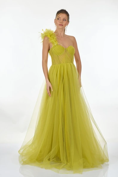 Alchera Tek Omuz Maxi Tül Abiye Elbise - Özel Günler İçin - 5