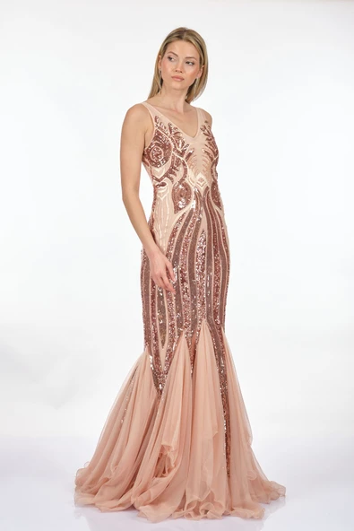 Ankyra Kadın V Yaka Balık Kesim Pullu Abiye Elbise 23Y1502 - 5