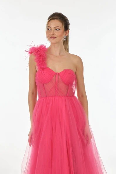 Alchera Tek Omuz Maxi Tül Abiye Elbise - Özel Günler İçin - 11