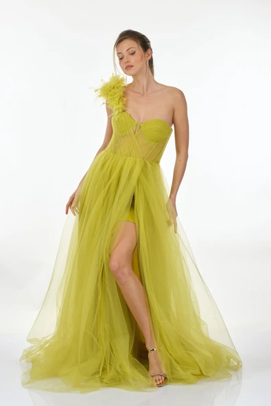 Alchera Tek Omuz Maxi Tül Abiye Elbise - Özel Günler İçin - 8