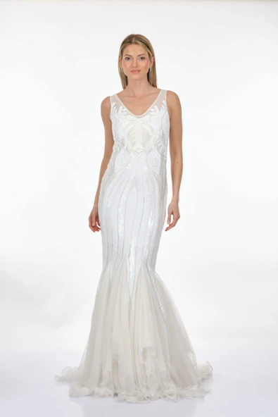 Ankyra Kadın V Yaka Balık Kesim Pullu Abiye Elbise 23Y1502 - 7