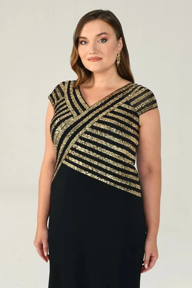 Alfa Beta V Yaka Üst Payetli Uzun Abiye Elbise - 5