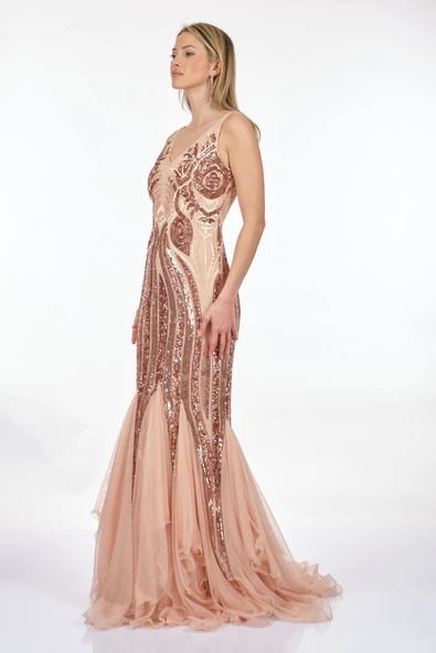 Ankyra Kadın V Yaka Balık Kesim Pullu Abiye Elbise 23Y1502 - 4