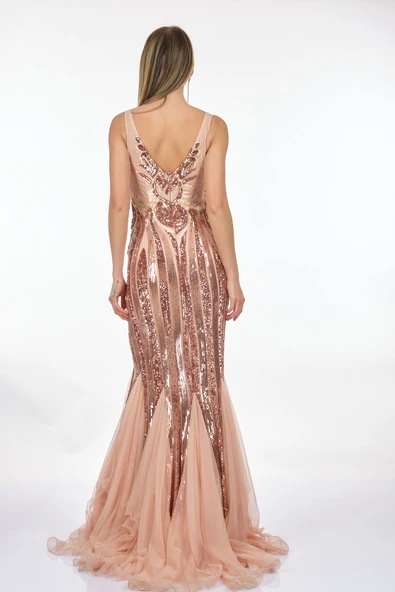 Ankyra Kadın V Yaka Balık Kesim Pullu Abiye Elbise 23Y1502 - 6