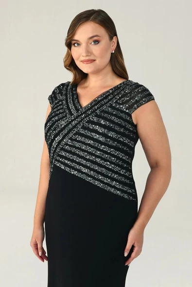 Alfa Beta V Yaka Üst Payetli Uzun Abiye Elbise - 6