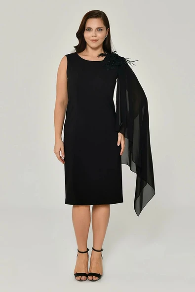 Alfa Beta Kadın Omzu Şifon Şal Aksesuarlı Midi Abiye Elbise 2316071 - Resim 5