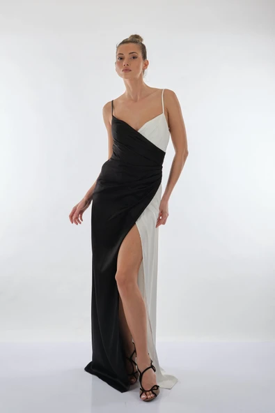 DORİDORCA İp Askılı V Yaka Derin Yırtmaçlı Saten Kadın Abiye 221KB4071 - Resim 7