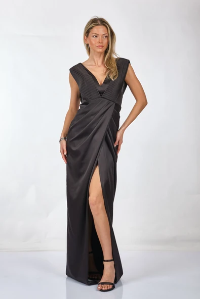 Tıah V Yaka Pileli Maxi Saten Abiye Elbise - Özel Günler İçin - 12