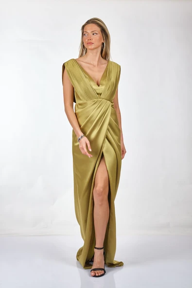 Tıah V Yaka Pileli Maxi Saten Abiye Elbise - Özel Günler İçin - 3