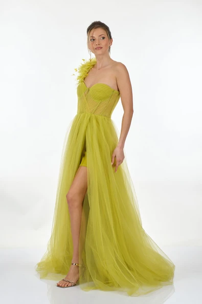 Alchera Tek Omuz Maxi Tül Abiye Elbise - Özel Günler İçin - 4