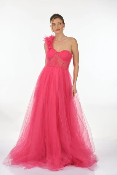 Alchera Tek Omuz Maxi Tül Abiye Elbise - Özel Günler İçin - 12