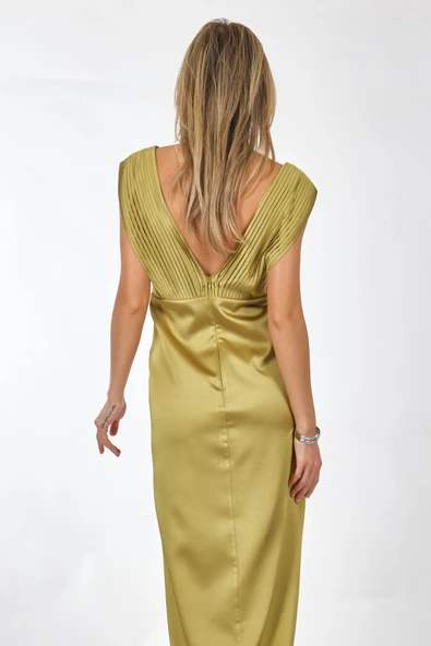 Tıah V Yaka Pileli Maxi Saten Abiye Elbise - Özel Günler İçin - 7