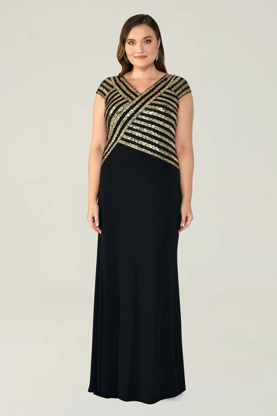 Alfa Beta V Yaka Üst Payetli Uzun Abiye Elbise