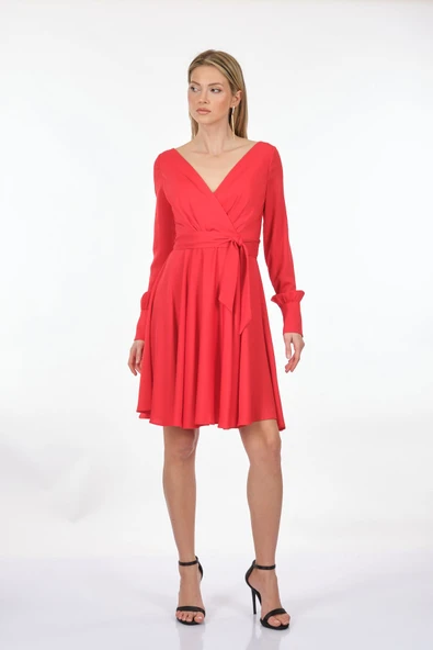 DORİDORCA Kruvaze Yaka Uzun Kollu Şifon Midi Boy Kadın Abiye 221KB4032 - 8