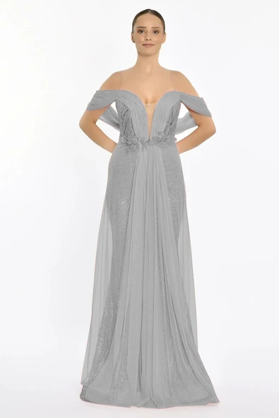 Alfa Beta İp Askılı Düşük Kol Tül Detaylı Taşlı Abiye Elbise 2115290 - Resim 3